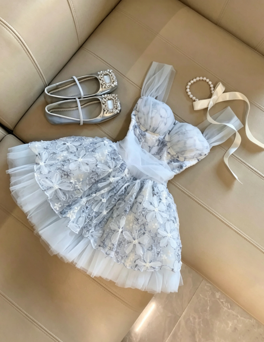 Dreamy Blue Sheer Tulle Straps 3D Floral Applique Voluminous Tulle Skirt A Line Short Homecoming Dress AS1099