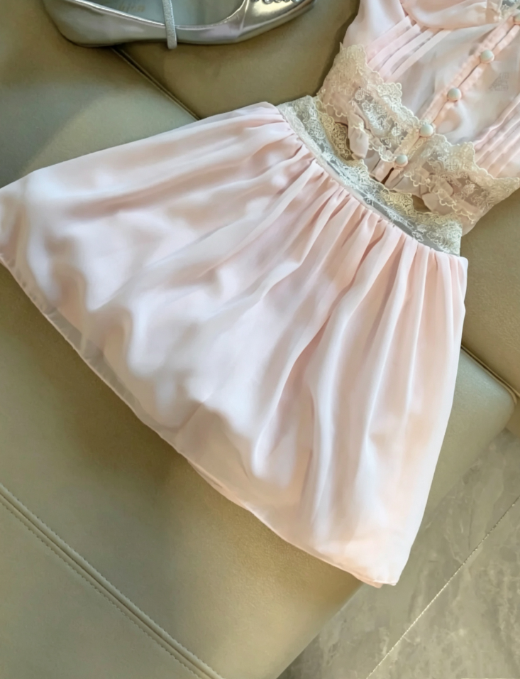 Sweet Light Pink Two Piece Halter Ruffle Lace Trim A Line Airy Chiffon Short Homecoming Dress AS1100