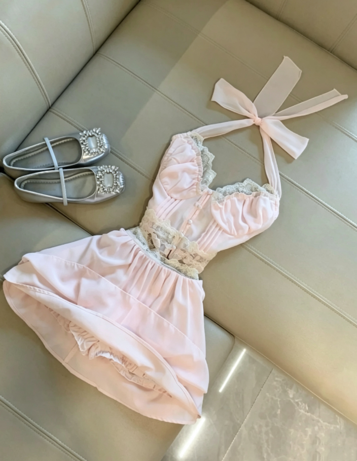 Sweet Light Pink Two Piece Halter Ruffle Lace Trim A Line Airy Chiffon Short Homecoming Dress AS1100