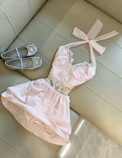 Sweet Light Pink Two Piece Halter Ruffle Lace Trim A Line Airy Chiffon Short Homecoming Dress AS1100