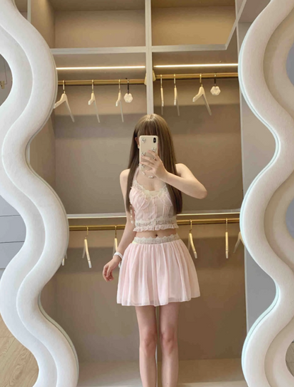 Sweet Light Pink Two Piece Halter Ruffle Lace Trim A Line Airy Chiffon Short Homecoming Dress AS1100