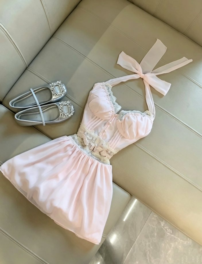 Sweet Light Pink Two Piece Halter Ruffle Lace Trim A Line Airy Chiffon Short Homecoming Dress AS1100