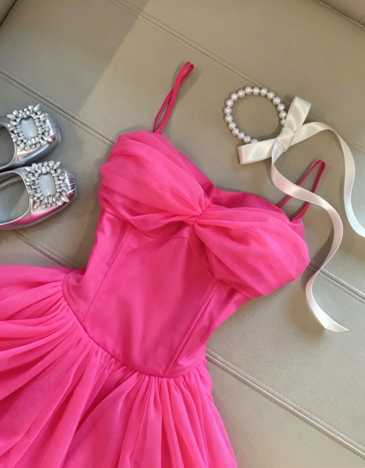 Vibrant Hot Pink Spaghetti Strap Big Front Sheer Tulle Bow A Line Short Homecoming Dress AS1101