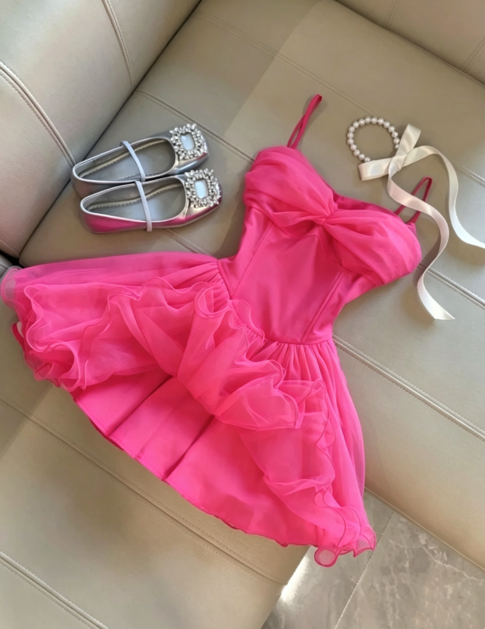 Vibrant Hot Pink Spaghetti Strap Big Front Sheer Tulle Bow A Line Short Homecoming Dress AS1101