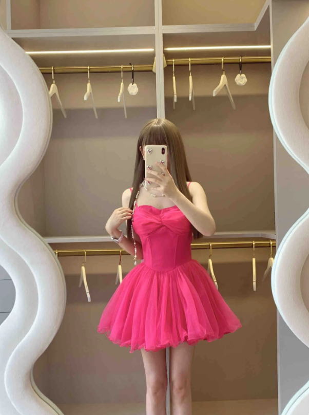 Vibrant Hot Pink Spaghetti Strap Big Front Sheer Tulle Bow A Line Short Homecoming Dress AS1101