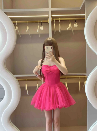 Vibrant Hot Pink Spaghetti Strap Big Front Sheer Tulle Bow A Line Short Homecoming Dress AS1101