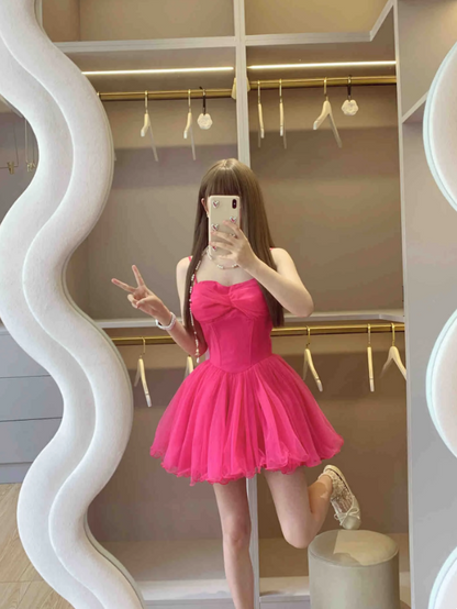 Vibrant Hot Pink Spaghetti Strap Big Front Sheer Tulle Bow A Line Short Homecoming Dress AS1101