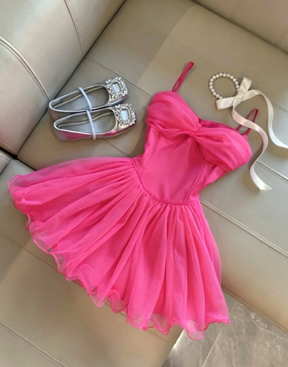 Vibrant Hot Pink Spaghetti Strap Big Front Sheer Tulle Bow A Line Short Homecoming Dress AS1101