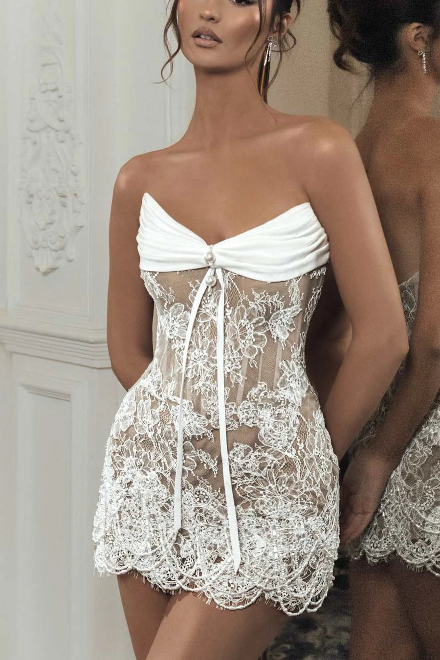 Gorgeous White Strapless Sheer Floral Lace Beaded Hem Bodycon Mini Homecoming Dress  AS1104