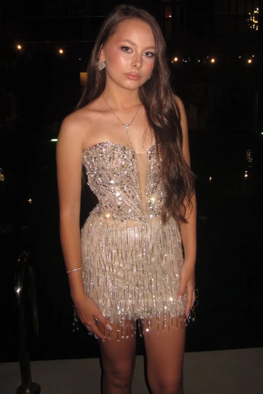Luxury Champagne Strapless Beaded Fringe Bodycon Mini Homecoming Dress AS1105