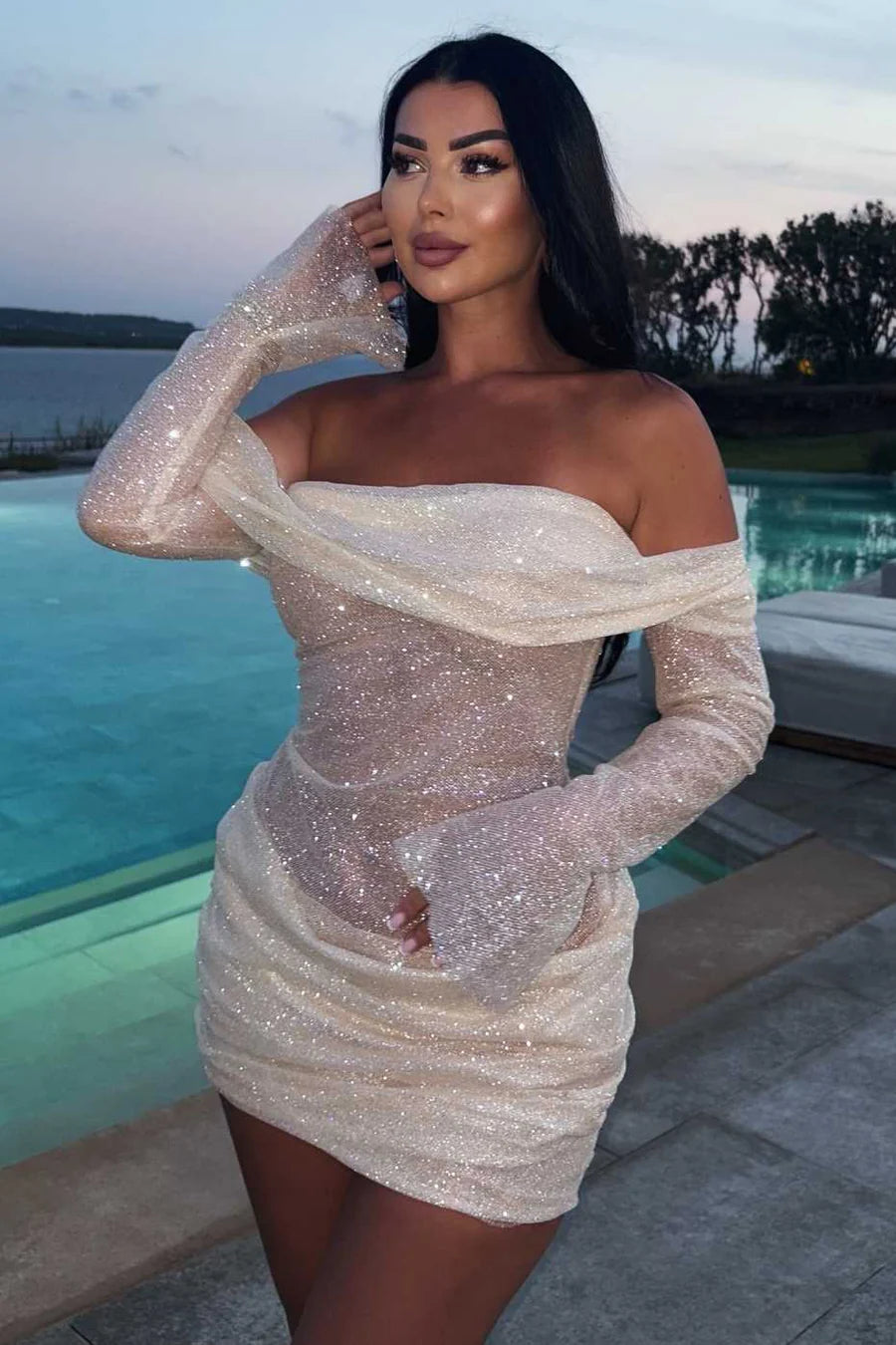 Glam White Off Shoulder Long Sleeve Ruched Bodycon Sheer Sparkle Tulle Mini Homecoming Dress AS1108