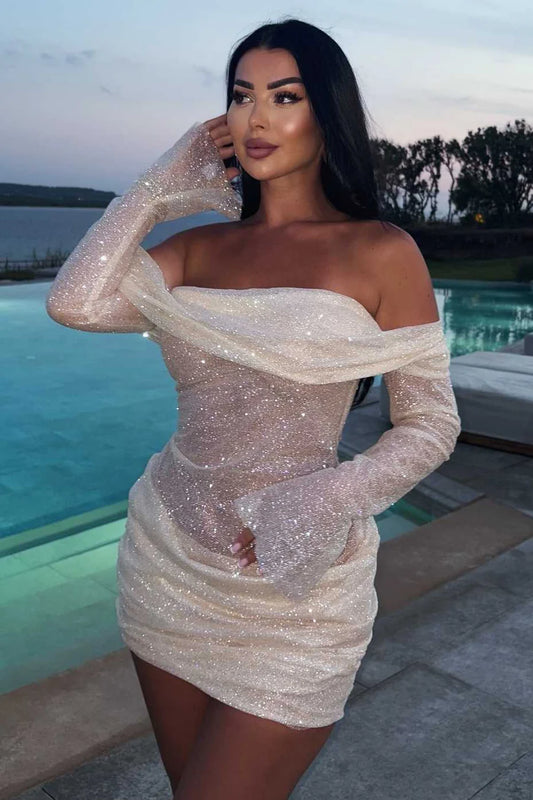 Glam White Off Shoulder Long Sleeve Ruched Bodycon Sheer Sparkle Tulle Mini Homecoming Dress AS1108