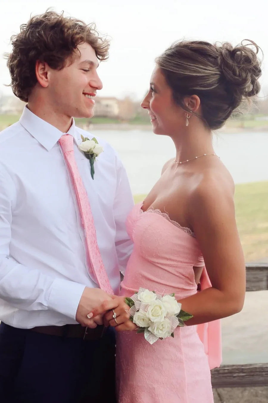 Romantic Pink Strapless Sweetheart Neck Lace A Line Mini Homecoming Dress AS1109