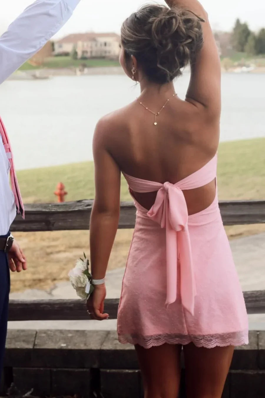 Romantic Pink Strapless Sweetheart Neck Lace A Line Mini Homecoming Dress AS1109