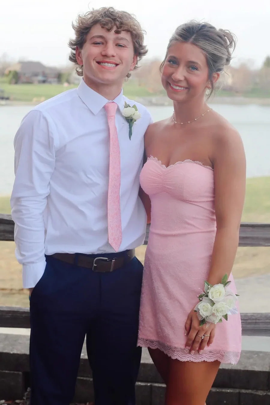 Romantic Pink Strapless Sweetheart Neck Lace A Line Mini Homecoming Dress AS1109
