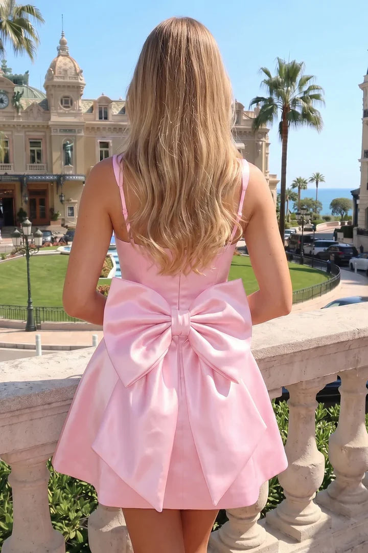 Cute Pink Square Neck Wide Straps A-Line Bow Empire-Waist Satin Short Homecoming Dress AS1110