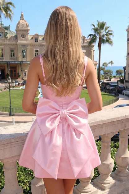 Cute Pink Square Neck Wide Straps A-Line Bow Empire-Waist Satin Short Homecoming Dress AS1110