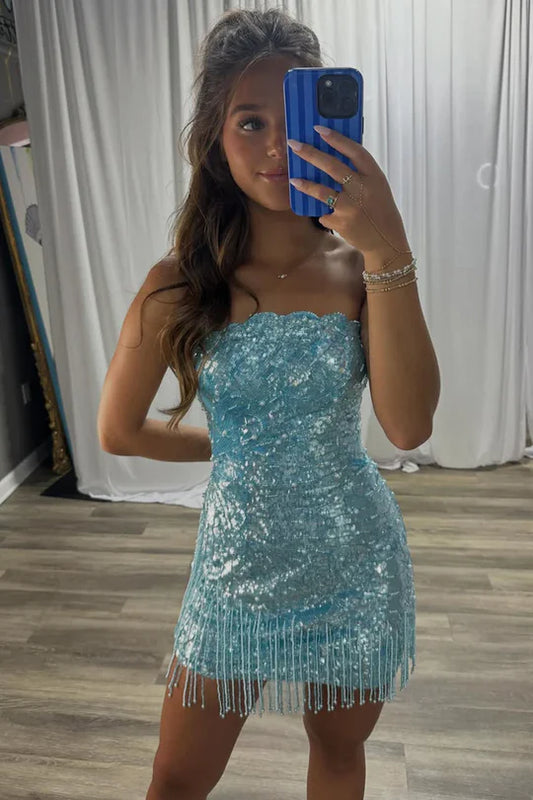 Chic Blue Strapless Sequin Beaded Tassel Fringe Bottom Bodycon Short Homecoming Dress AS1112