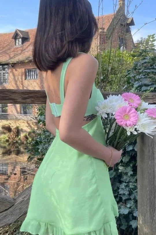 Trending Green Wide Straps Empire-Waist Chiffon Ruffle Hem A-Line Short Homecoming Dress AS1113