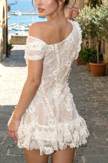 Romantic White One Shoulder Sheer Floral Lace 3D Flower Applique Short A Line Homecoming Dress AS1114