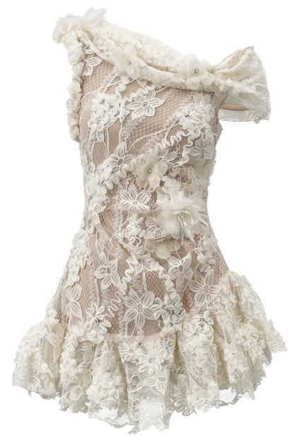 Romantic White One Shoulder Sheer Floral Lace 3D Flower Applique Short A Line Homecoming Dress AS1114