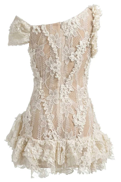 Romantic White One Shoulder Sheer Floral Lace 3D Flower Applique Short A Line Homecoming Dress AS1114
