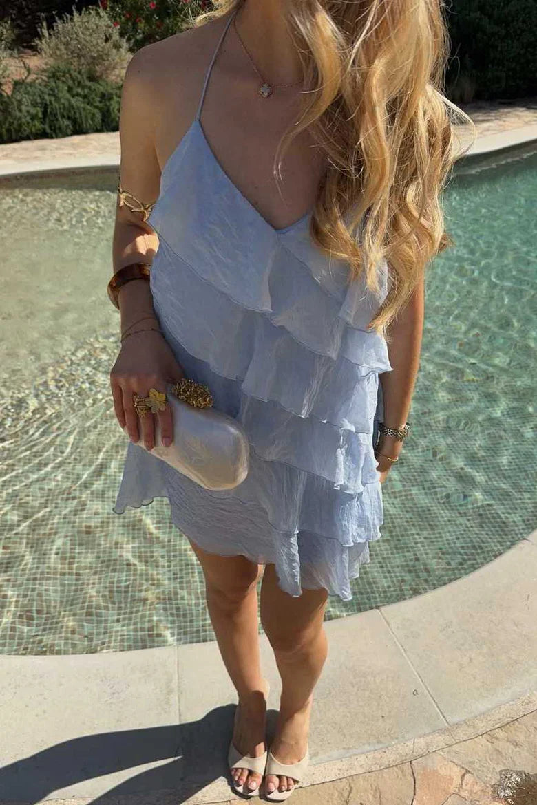 Chic Light Blue Spaghetti Straps V-Neck Ruffles Chiffon A Line Short Homecoming Dress AS1115