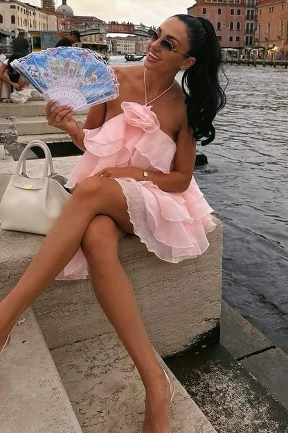 Chic Pink Halter Neck 3D Flower Detail Multi-Layer Ruffle Chiffon Open Back A-Line Short Homecoming Dress AS1116