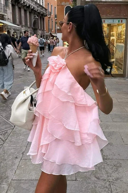 Chic Pink Halter Neck 3D Flower Detail Multi-Layer Ruffle Chiffon Open Back A-Line Short Homecoming Dress AS1116