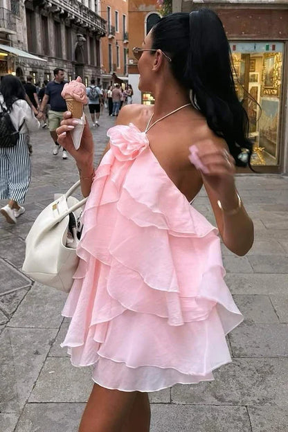 Chic Pink Halter Neck 3D Flower Detail Multi-Layer Ruffle Chiffon Open Back A-Line Short Homecoming Dress AS1116