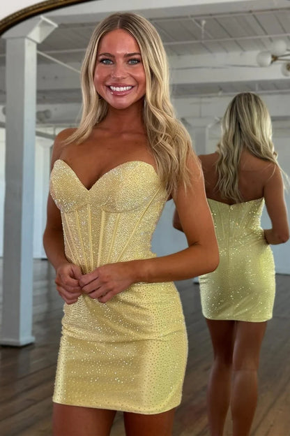 Sparkly Rhinestone Corset Mini Homecoming Dress With Sweetheart Neckline AS112