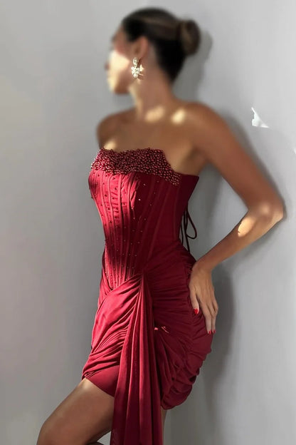Glam Burgundy Strapless Beaded Corset Side Ruched Long Draped Chiffon Train Short Bodycon Homecoming Dress AS1121