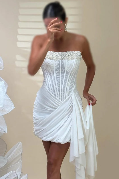 Glam Burgundy Strapless Beaded Corset Side Ruched Long Draped Chiffon Train Short Bodycon Homecoming Dress AS1121