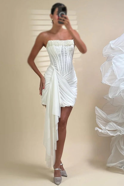 Glam Burgundy Strapless Beaded Corset Side Ruched Long Draped Chiffon Train Short Bodycon Homecoming Dress AS1121