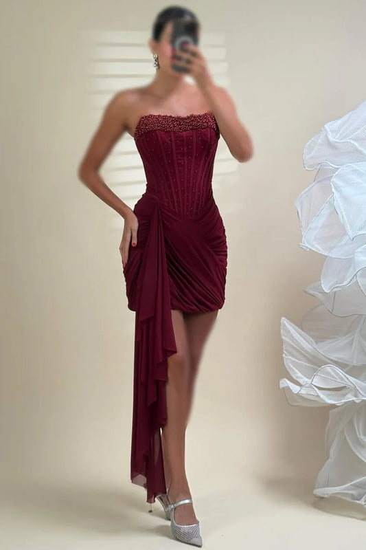 Glam Burgundy Strapless Beaded Corset Side Ruched Long Draped Chiffon Train Short Bodycon Homecoming Dress AS1121