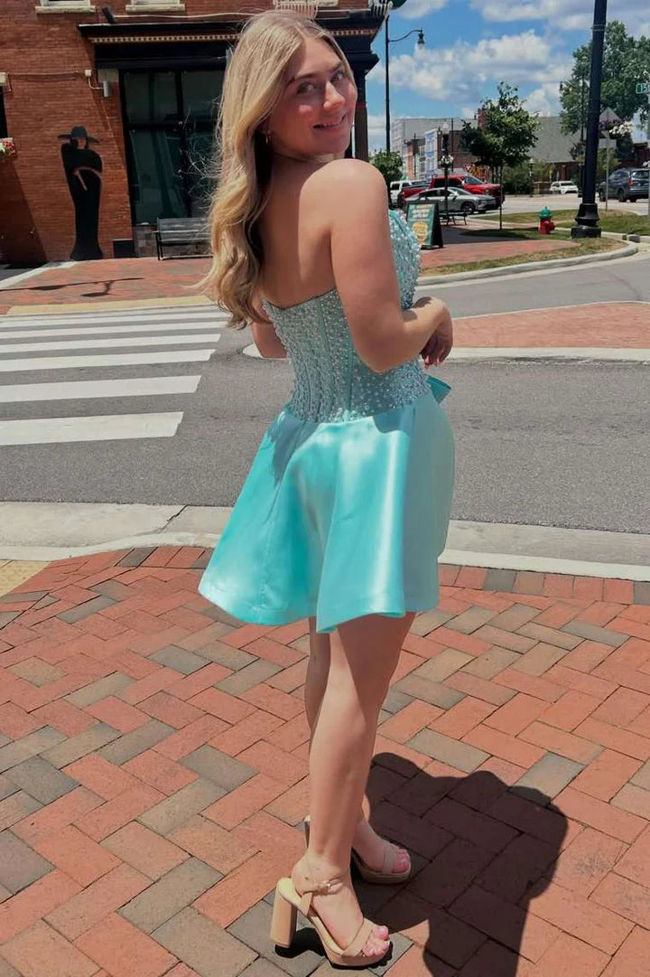 Chic Turquoise Strapless Pearl Beaded Corset Side Bow Satin A-Line Short Homecoming Dress AS1122