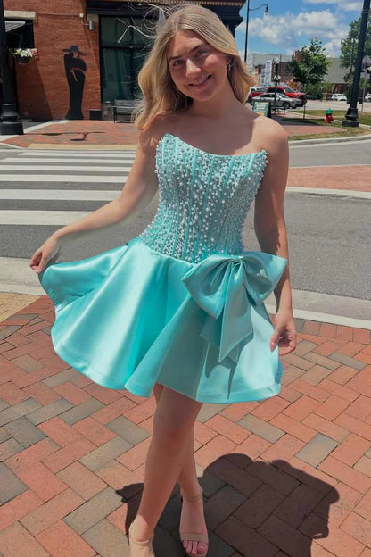 Chic Turquoise Strapless Pearl Beaded Corset Side Bow Satin A-Line Short Homecoming Dress AS1122