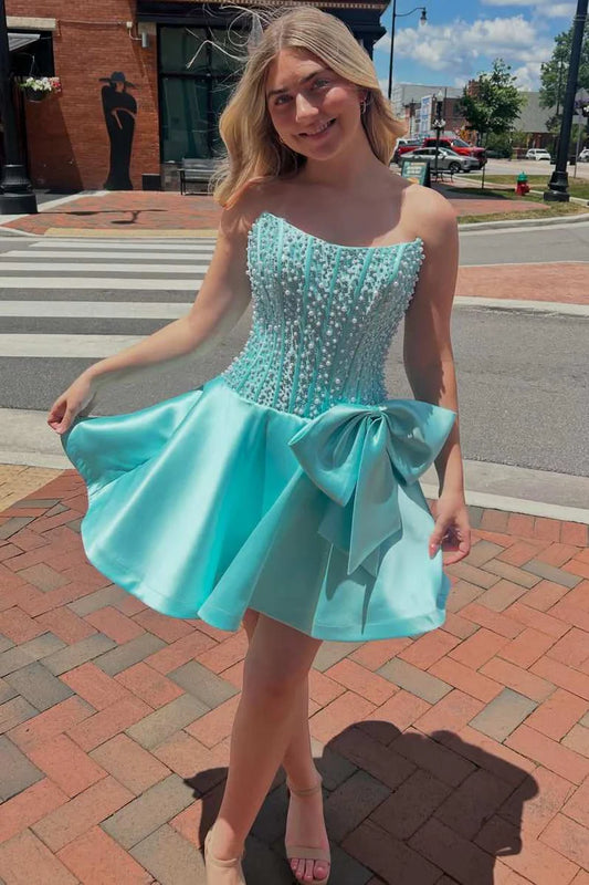 Chic Turquoise Strapless Pearl Beaded Corset Side Bow Satin A-Line Short Homecoming Dress AS1122