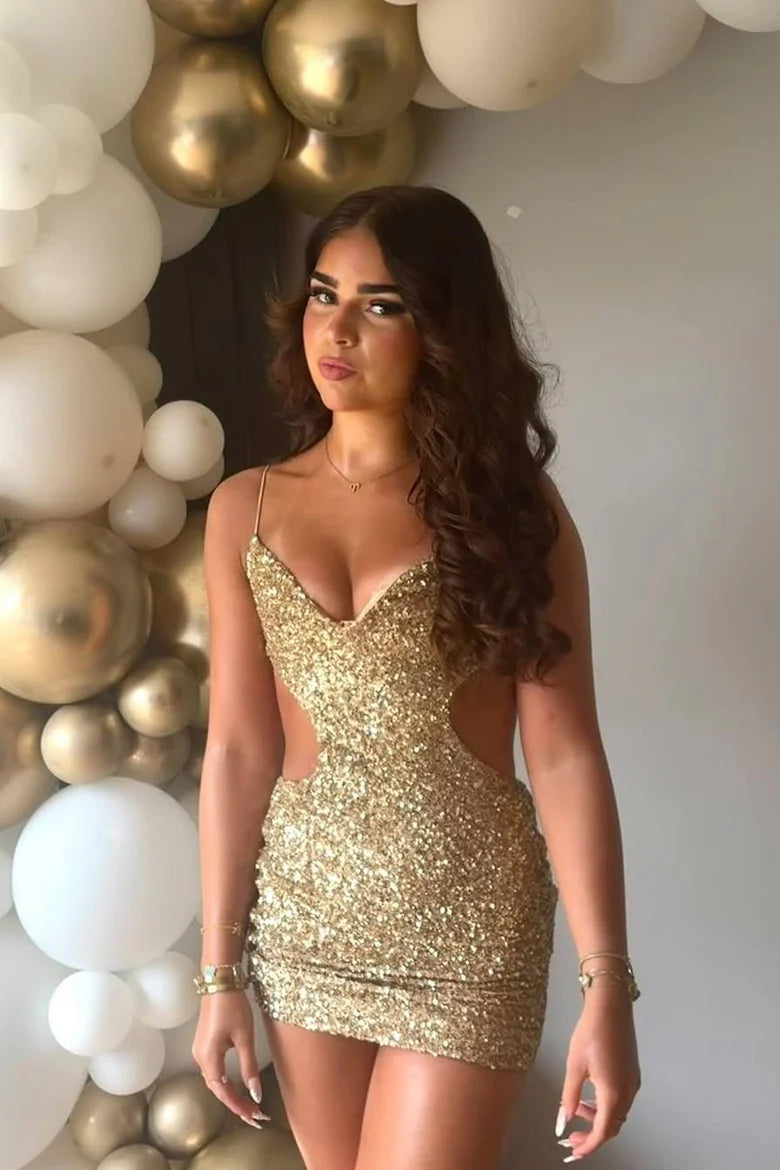 Sparkle Gold Spaghetti Straps V-Neck Cut-out Waist Sequin Bodycon Mini Homecoming Dress AS1123