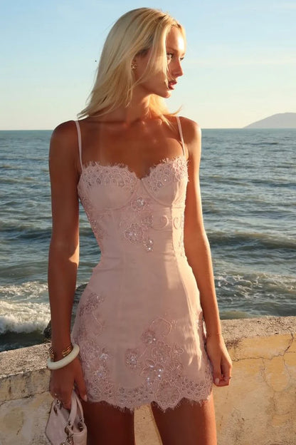 Delicate Pink Spaghetti Straps Sweatheart Neck Lace Appliques Sequin Bodycon Mini Homecoming Dress AS1124