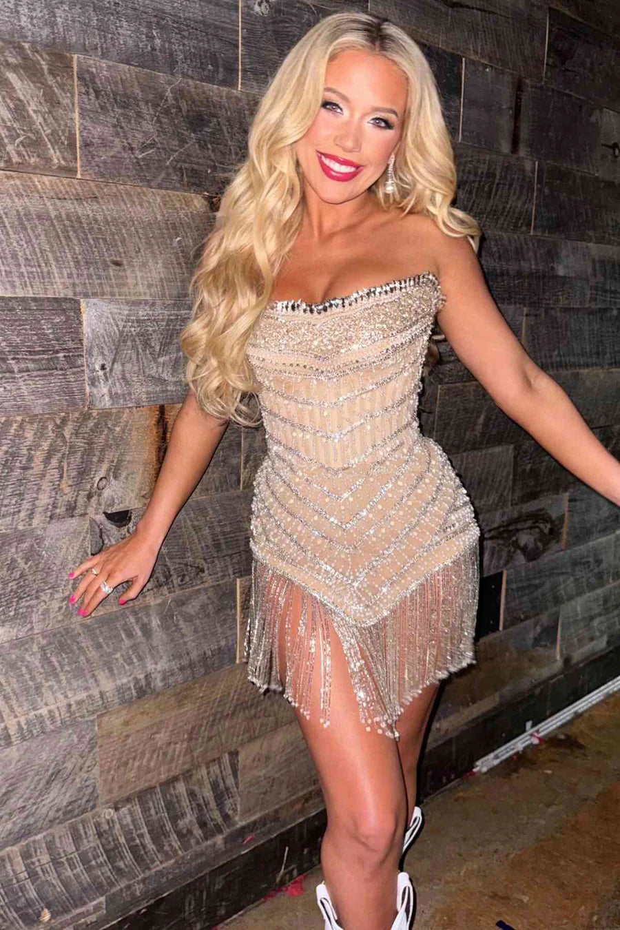 Stunning Champagne Strapless Beaded Tassel Short Bodycon Homecoming Dress AS1125