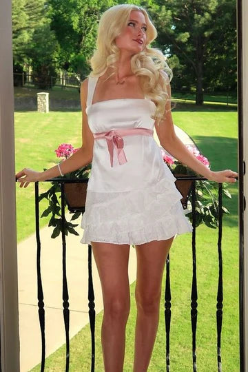 Vintage White Satin Wide Strap Square Neck Pink Sash Belt Front Bow Empire-Waist Ruffle Lace Hem A-Line Short Homecoming Dress AS1126