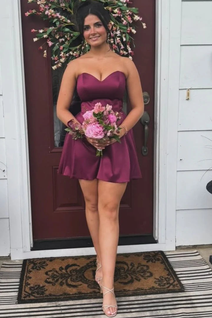 Hot Sale Grape Strapless Sweetheart Neck A-Line Empire-Waist Short Homecoming Dress AS1128