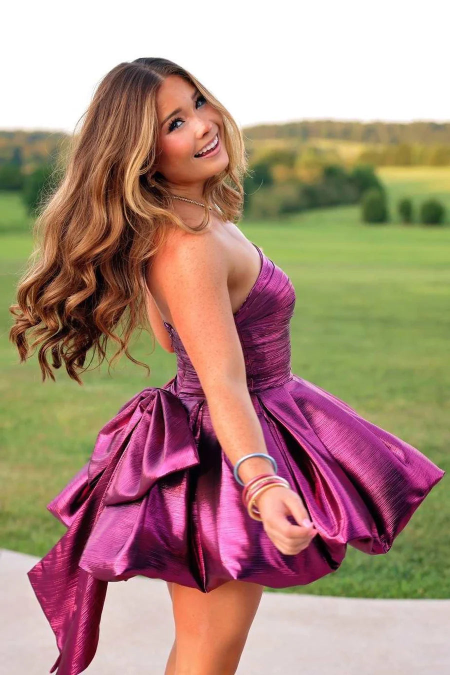 Chic Purple Strapless Metallic Pleated Back Bow A-Line Short Homecoming Dress AS1129
