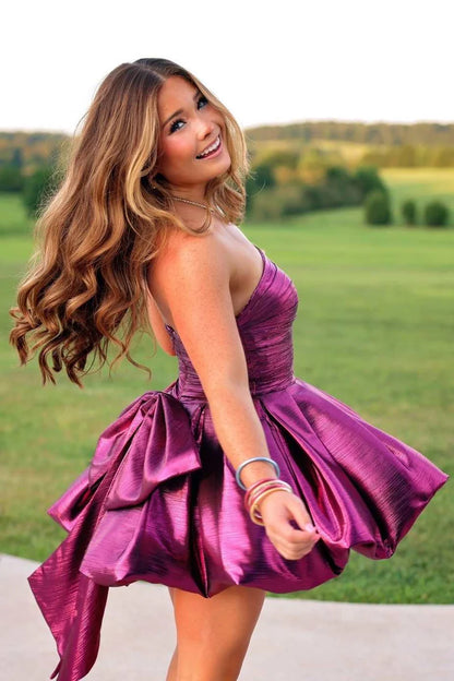 Chic Purple Strapless Metallic Pleated Back Bow A-Line Short Homecoming Dress AS1129
