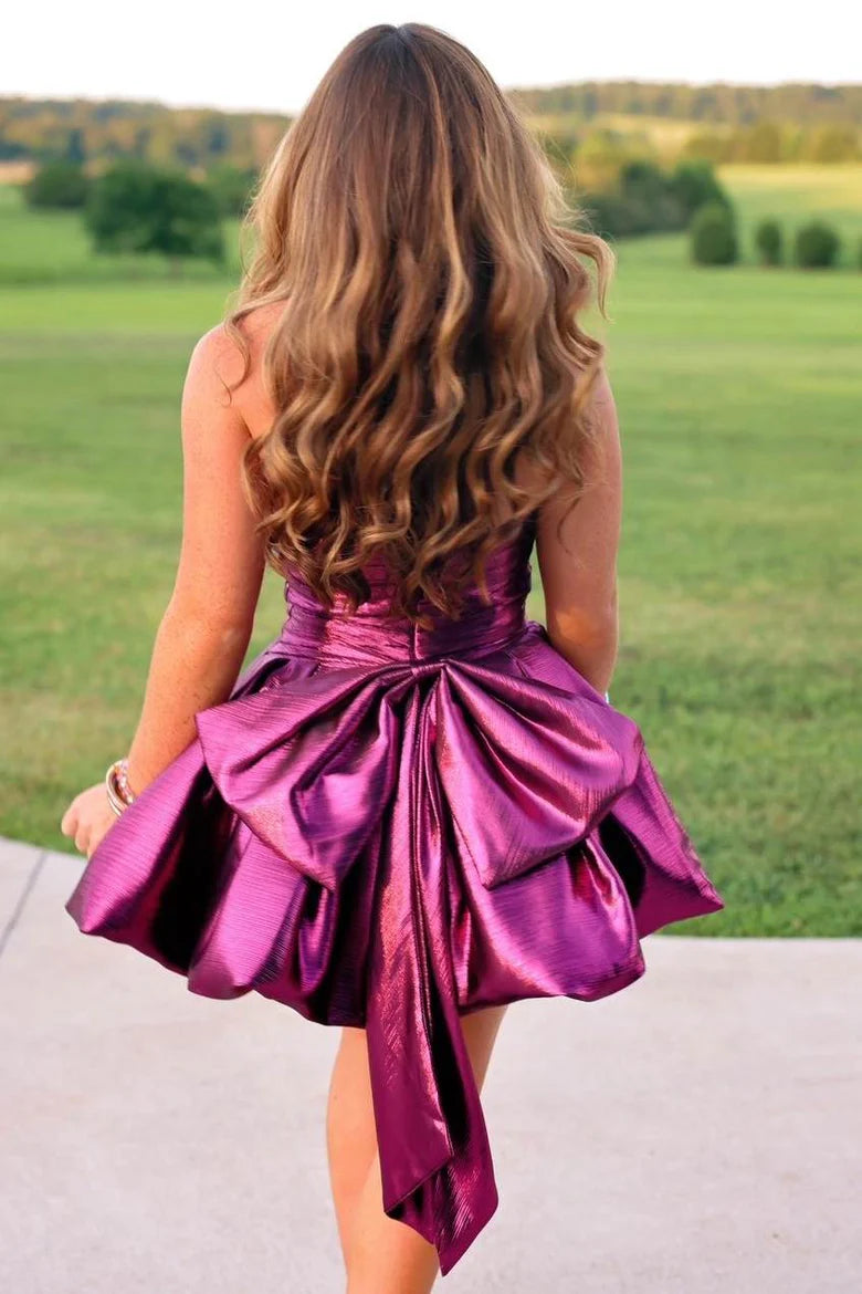 Chic Purple Strapless Metallic Pleated Back Bow A-Line Short Homecoming Dress AS1129