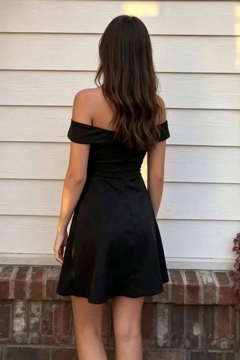 Minimal Classic Black Satin Off The Shoulder Front Twist Cutout Sweetheart Neck A-Line Short Homecoming Dress AS1130