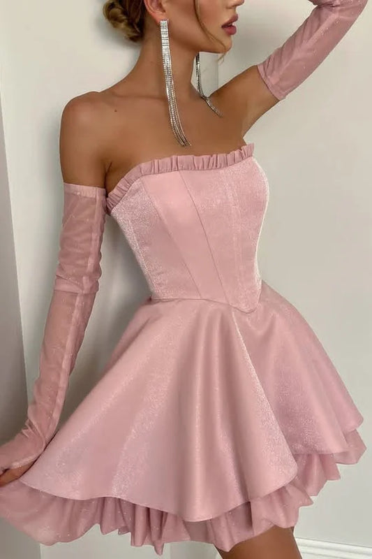 Elegant Pink Strapless Ruffle Tube Neck Glitter Mesh Underskirt A Line Short Homecoming Dress AS1132
