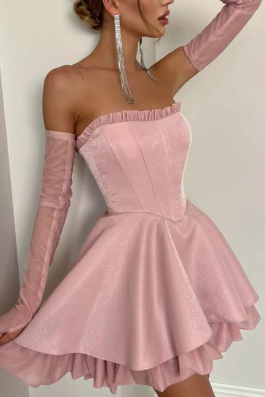 Elegant Pink Strapless Ruffle Tube Neck Glitter Mesh Underskirt A Line Short Homecoming Dress AS1132