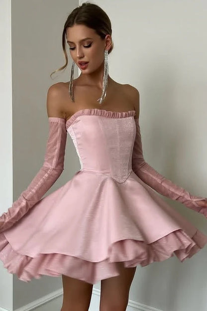 Elegant Pink Strapless Ruffle Tube Neck Glitter Mesh Underskirt A Line Short Homecoming Dress AS1132